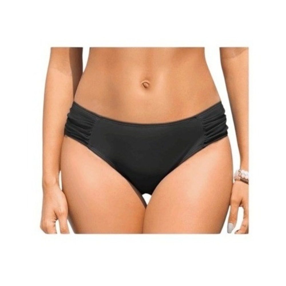 Black Ruched Bikini Bottom Low Rise Full Coverage Knit Bathing Suit Swim Bottom